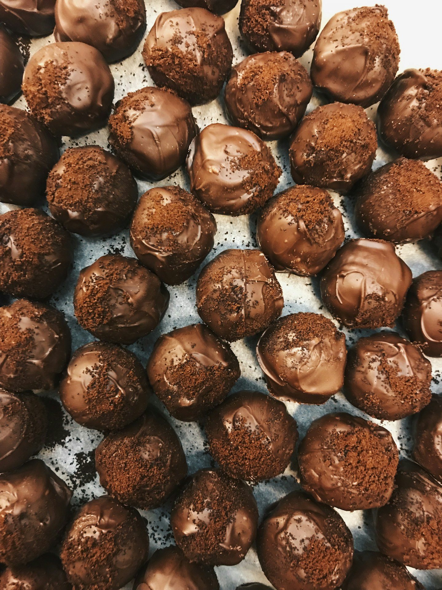 Rows of hand-rolled chocolate truffles dusted with cocoa